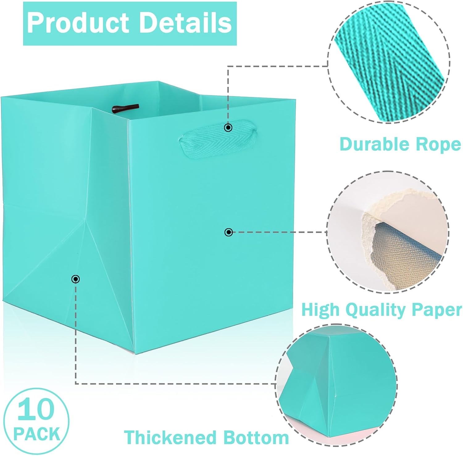 IN-JOOYAA 10 Pcs Medium Gift Bags with Tissue Paper Square Gift Bags 10x10x10 Inches with Handles for Gift Giving (Teal Blue)