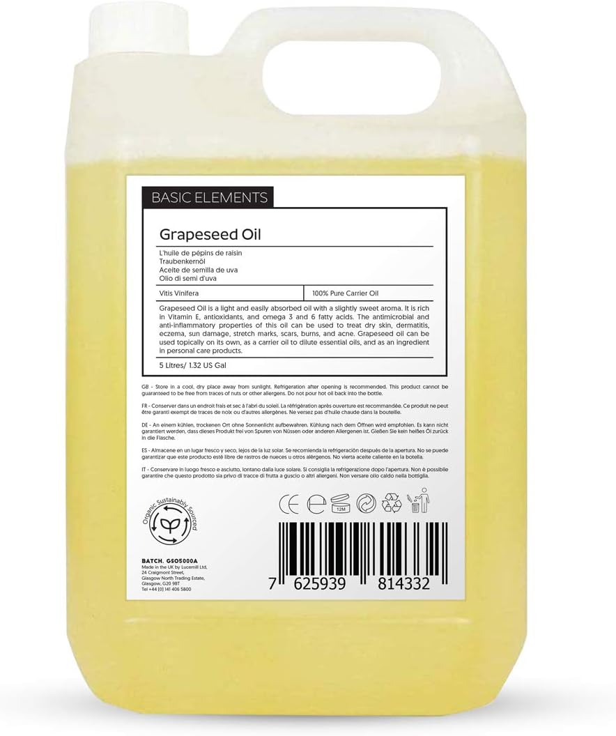 Basic Elements Organic Grapeseed Oil I 5 Litre I 100% Pure & Natural Moisturiser for Skin & Hair I Perfect Massage Oil & Aromatherapy Oil
