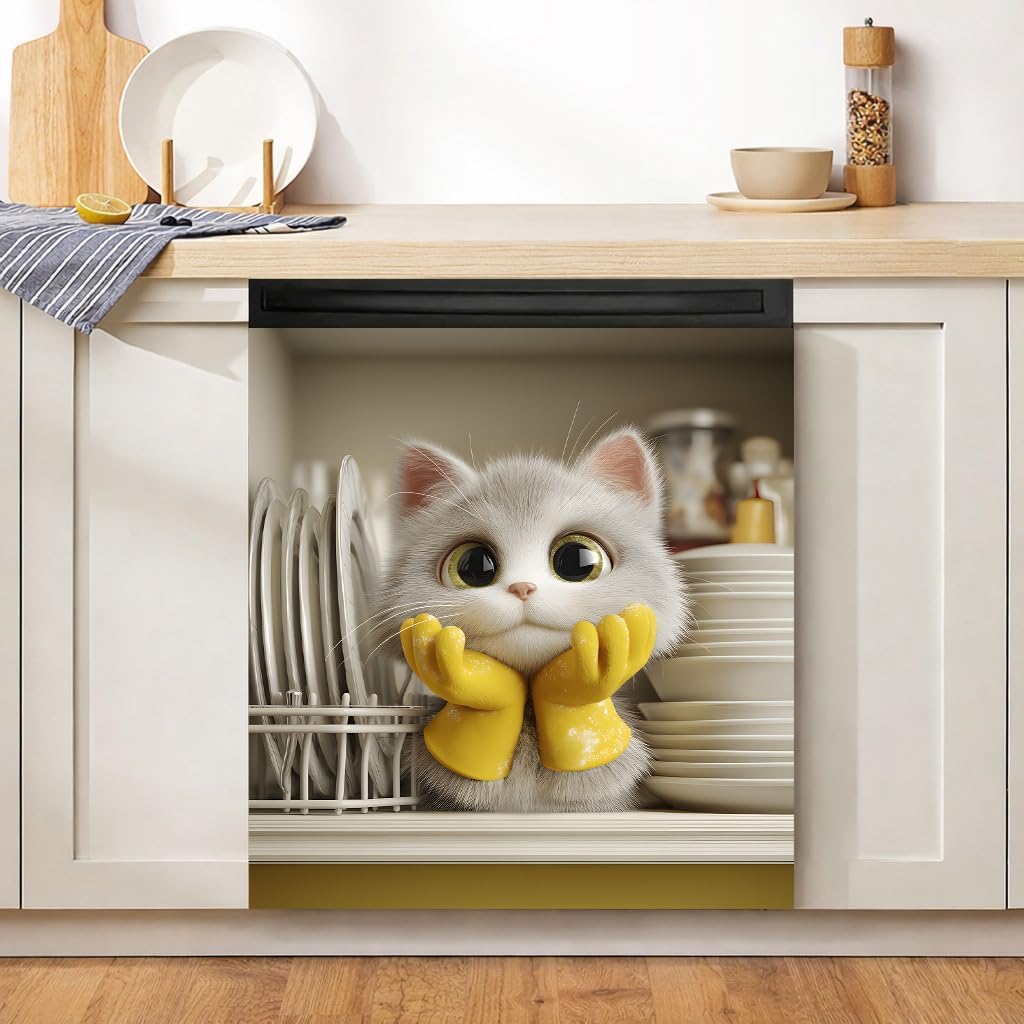 Cute Kitten Dishwasher Magnet Cover 23 x 26 Inch, Funny Cat Washing Dishes Magnetic Dishwasher Door Cover, White Cat Yellow Gloves Appliance Front Panel Decor for Kitchen