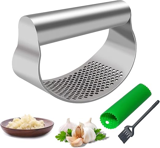 Spremiaglio Acciaio Inox 2 Pezzi | Schiaccia Aglio Professionale Con Sbucciatore