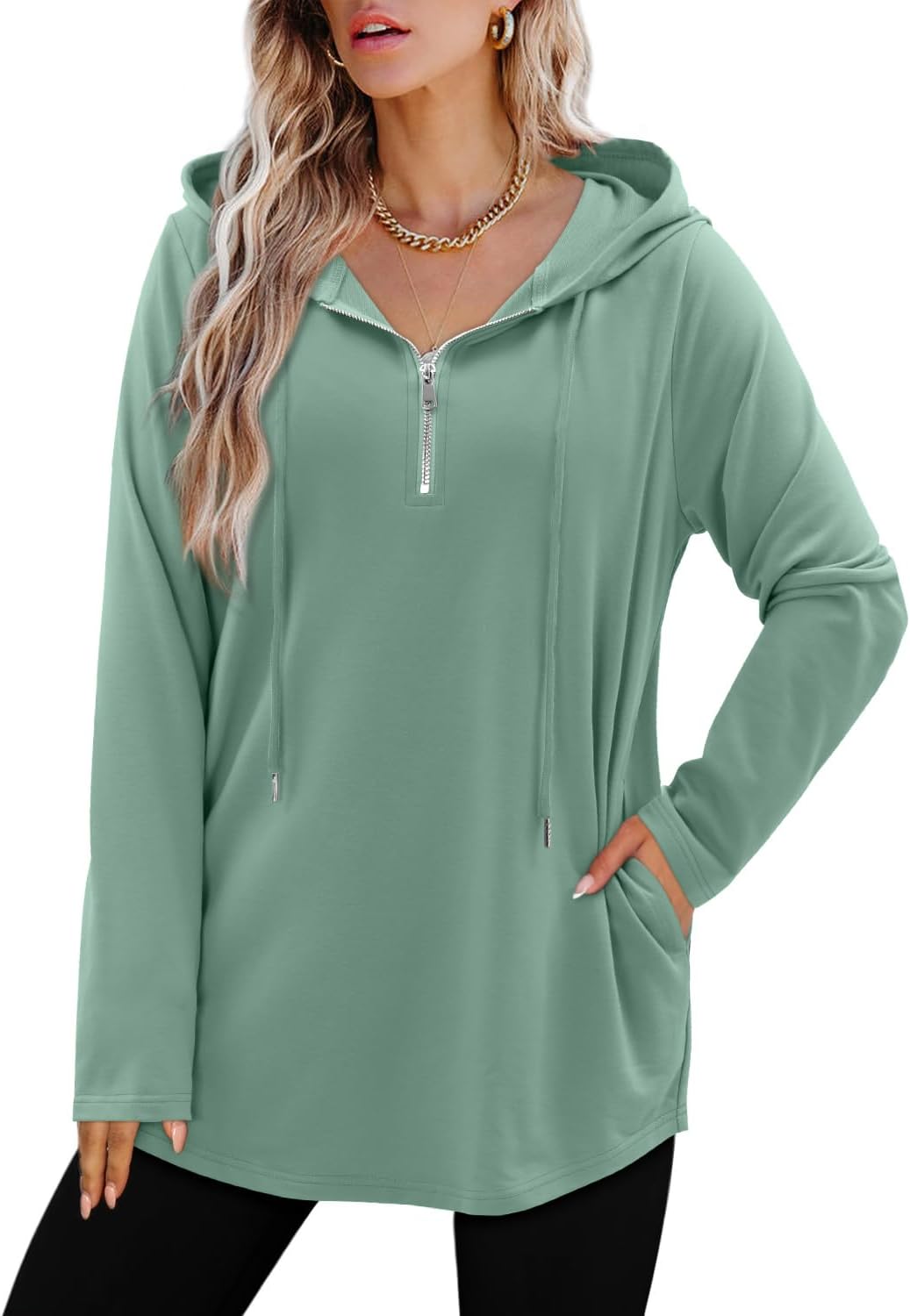 BETTE BOUTIK Womens Quarter Zip Tunic Hoodies Pullover Long Hooded Sweatshirts S-3XL - Image 4