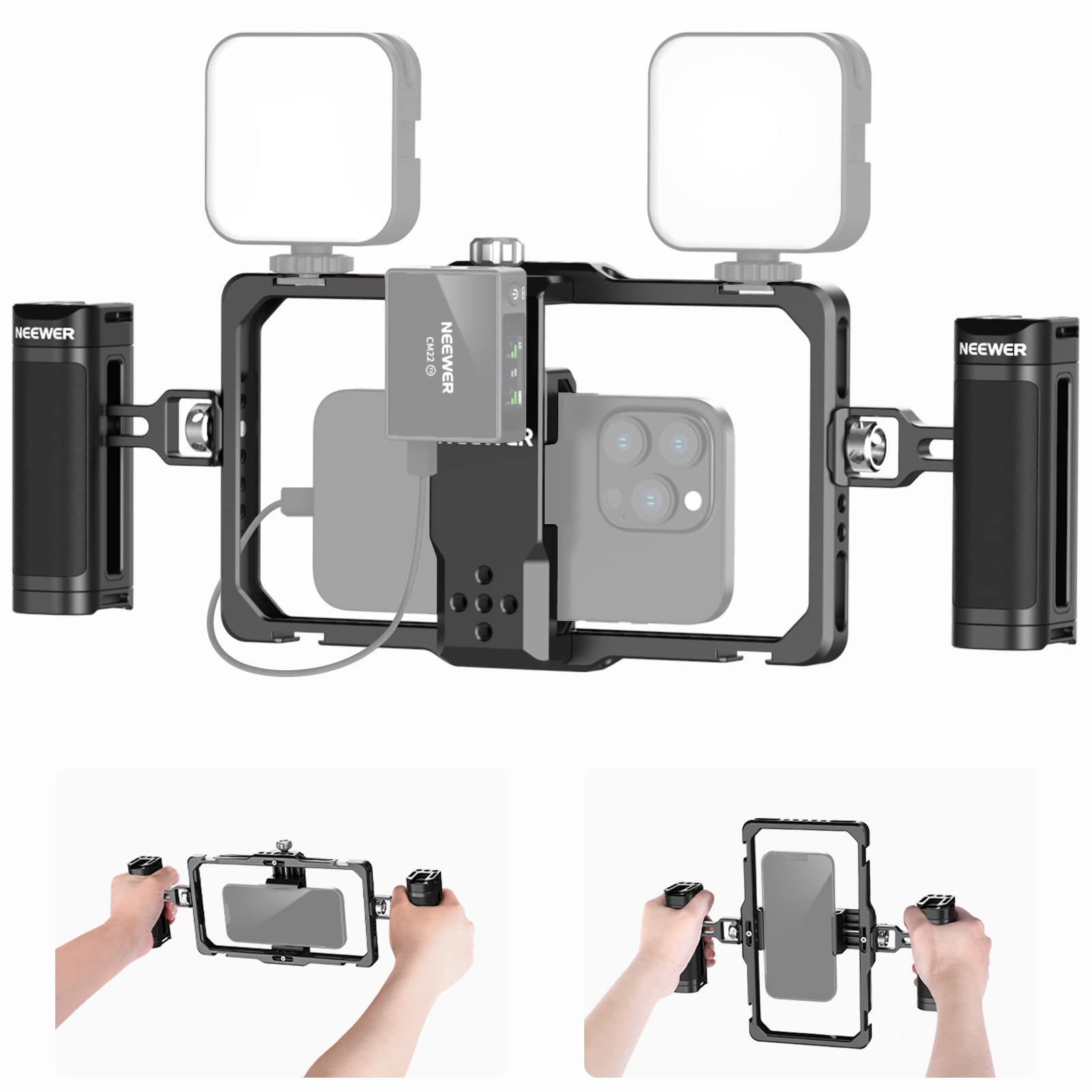 NEEWER スマホケージ スマホビデオリグセット デュアルハンドル付き ビデオスタビライザー ワイヤレスマイククリップスロット Tiktok/You Amazon.co.jp: NEEWER スマホケージ デュアルハンドル/無線マイク