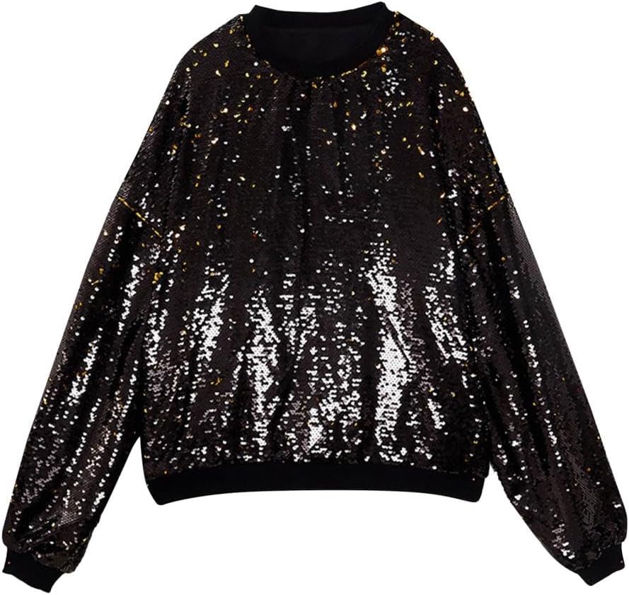 Men Sequin Shirt 70s Disco Outfits Long Sleeve Metallic Glitter Shirt Pullover Top Sparkly Nightclub Party Costume