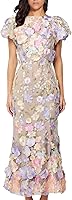 NeeMee Women's 3D Floral Embroidery Puff Sleeve Fishtail Lace Bodycon Party Cocktail Dress