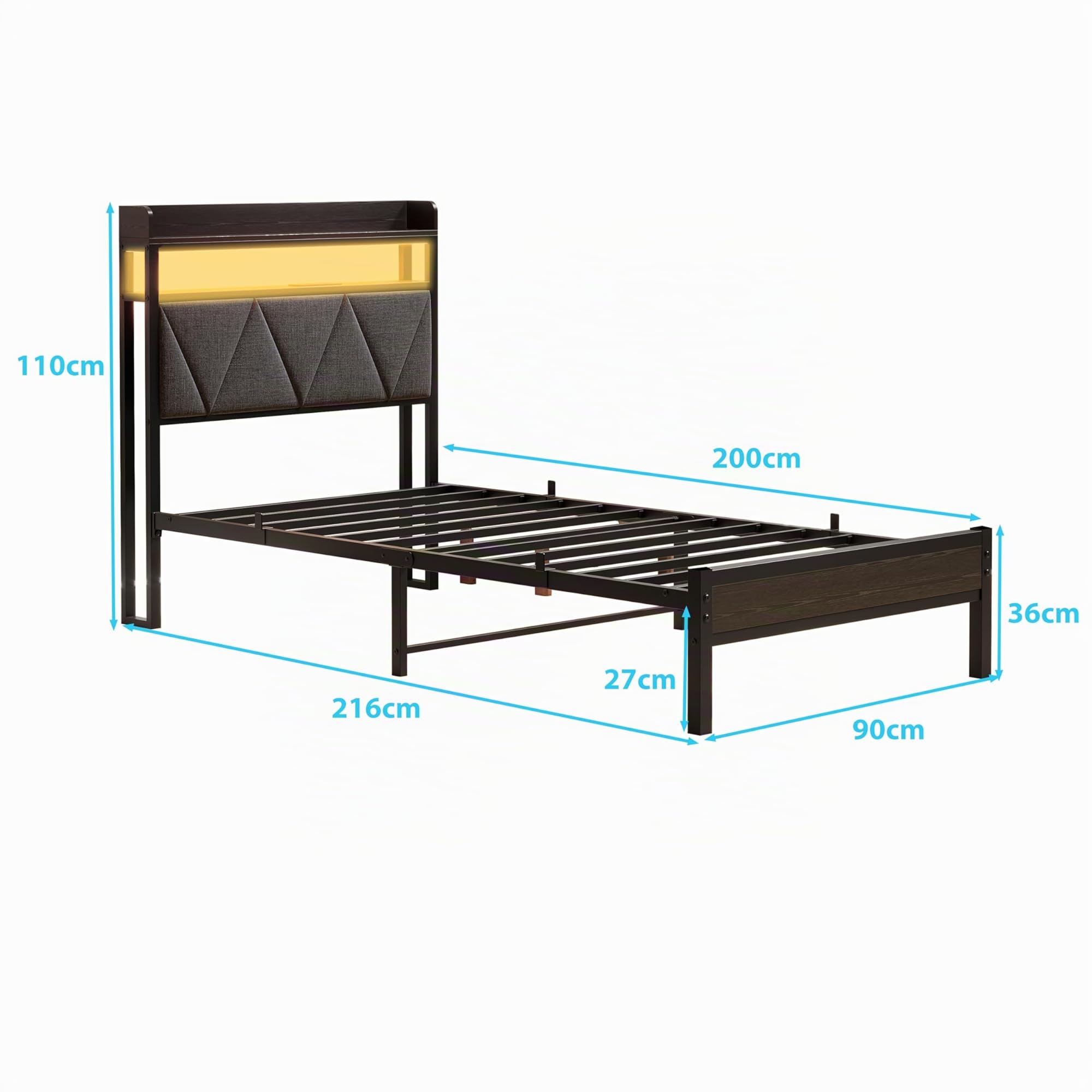 Estructura de cama de 90 x 200 cm con cabecero tapizado de madera con dos estantes, estación de carga, luces LED, estructura de cama metálica robusta, no se necesita somier tapizado