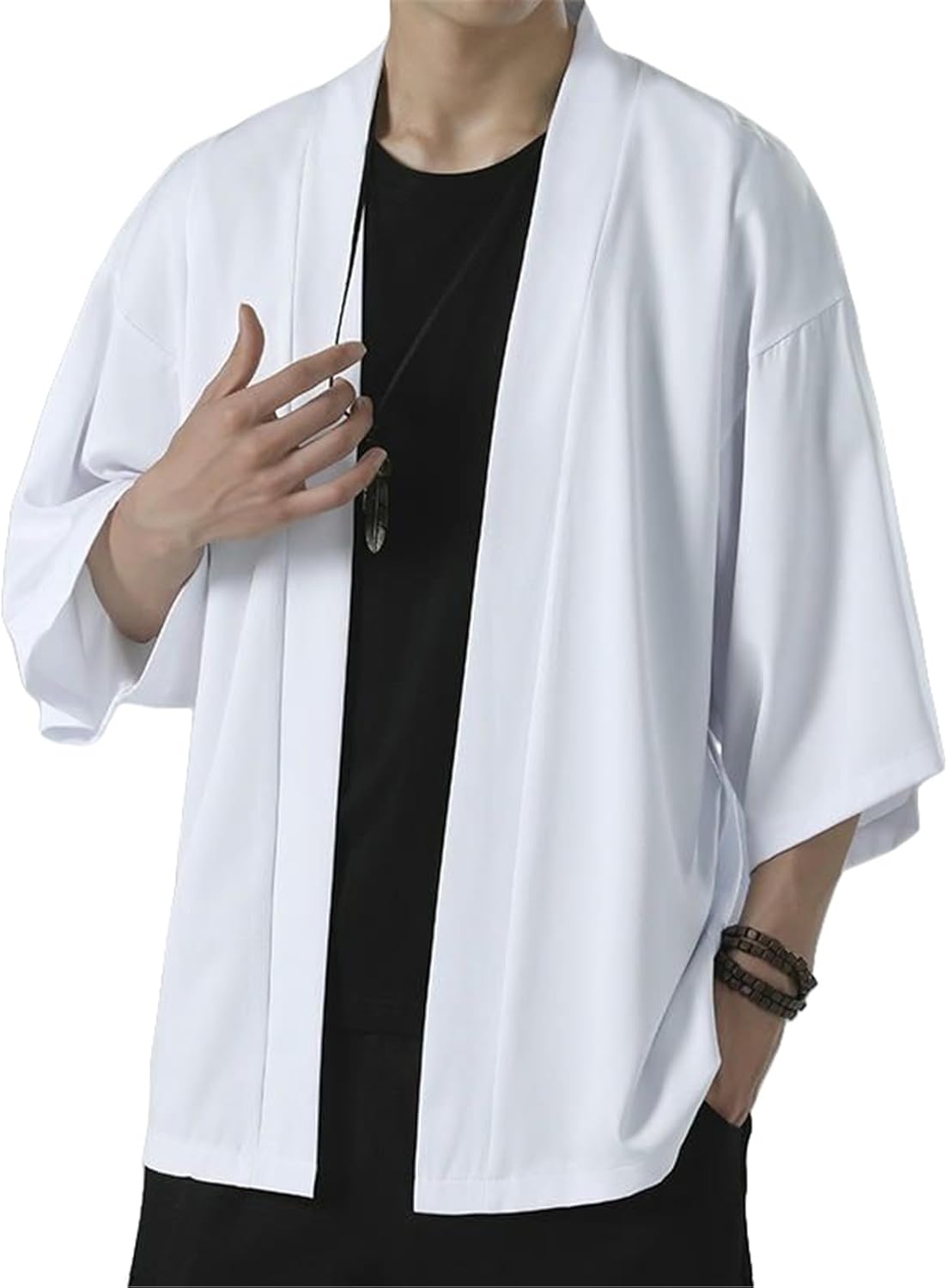 Men's Summer Lightweight Loose Fit Solid Color Chinese Style Hanfu Ice Silk 3/4 Sleeve Open Front Shirt