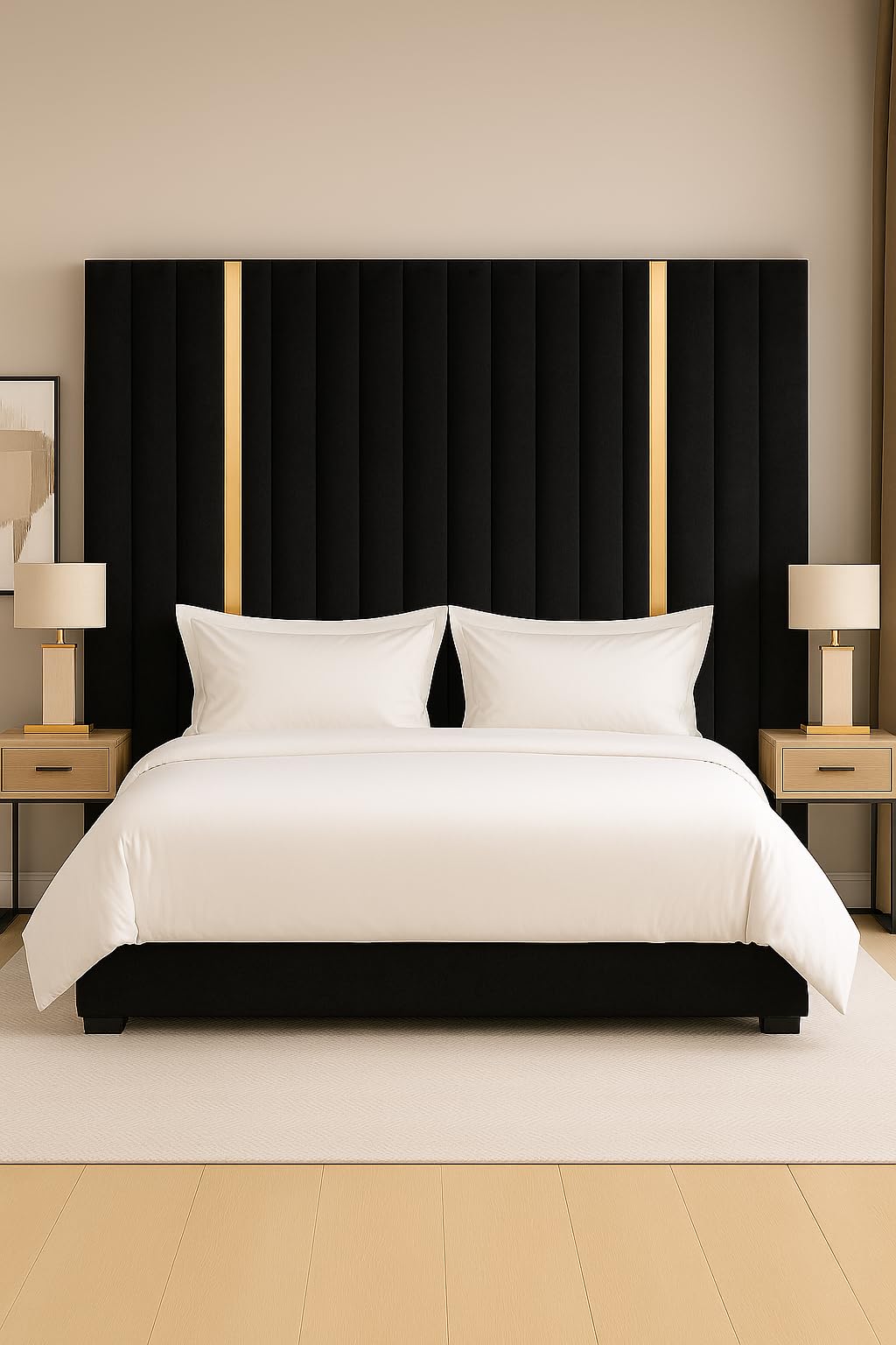 Spring Well Extra Tall Wall Mounted Upholstered Headboard,Clarance Plush Velvet Panelled Design with Gold Trim, Single, Double, King & Super King Sizes (Black, 5ft King-127cmTall)
