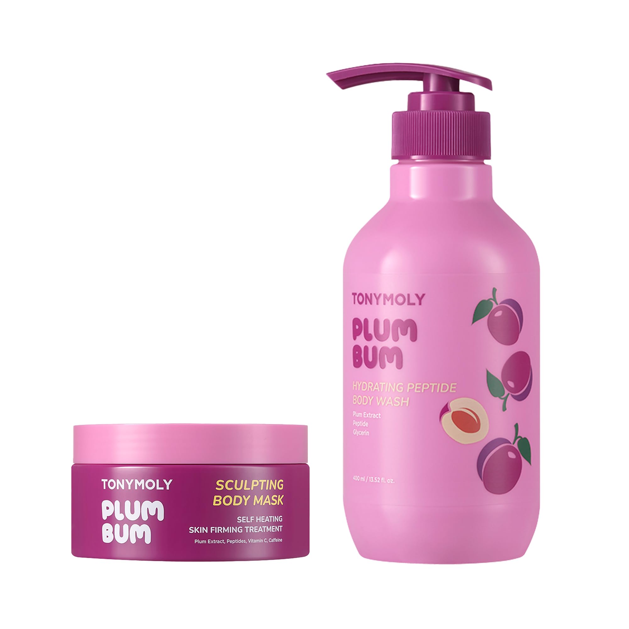 TONYMOLY Plum Bum Body Care Set - 13.5 fl oz Peptide Hydrating Body Wash & Self-Heating Body Sculpting Mask for Soft, Smooth Skin