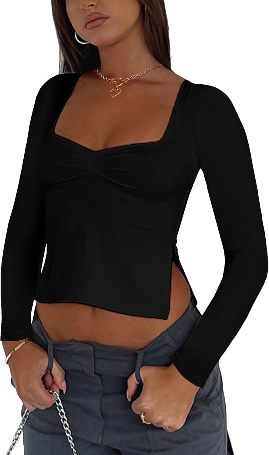 Women's Sexy Square Neck Long Sleeve Crop Tops Ruched Front Split Side Going Out Top Shirts