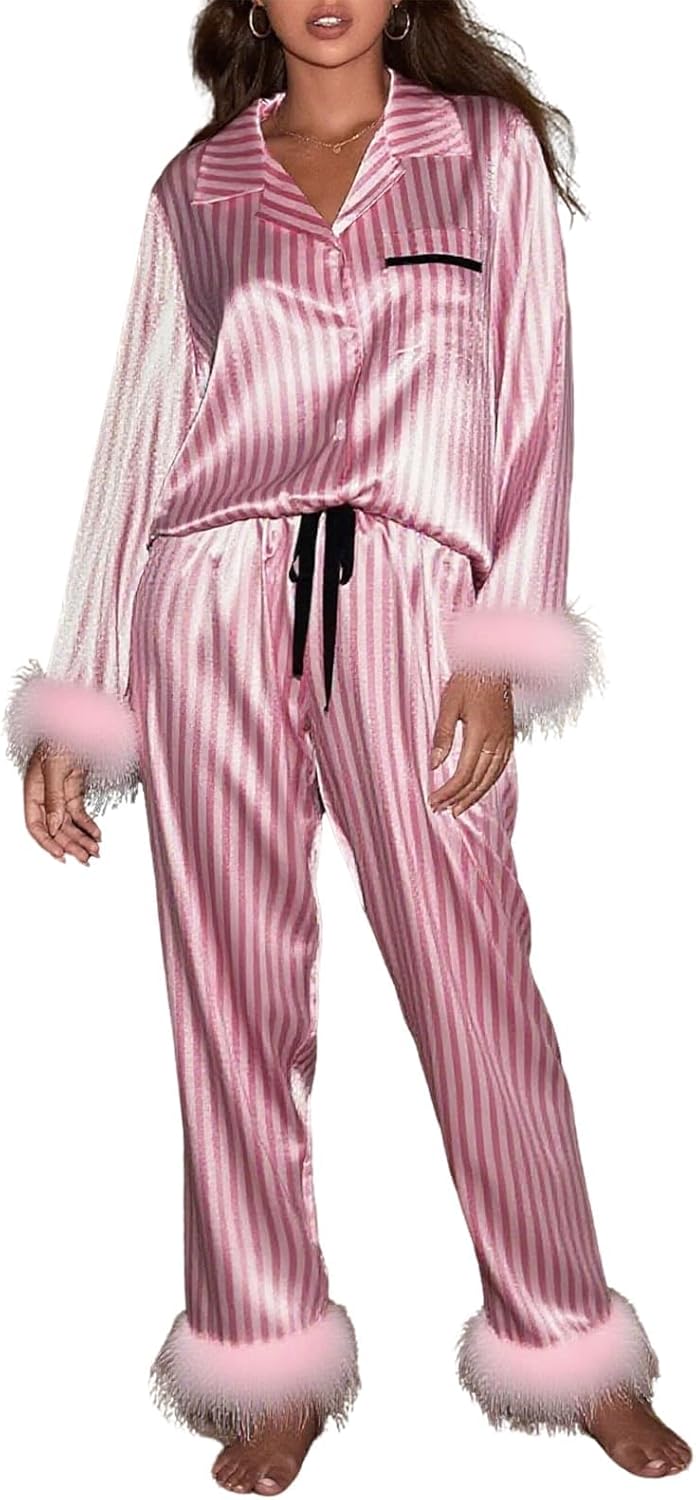 Springcmy Women Christmas Silk Pajamas Set Pjs Satin Long Sleeve Button Down Shirts Pants Feather Trim 2PCS Xmas Loungewear