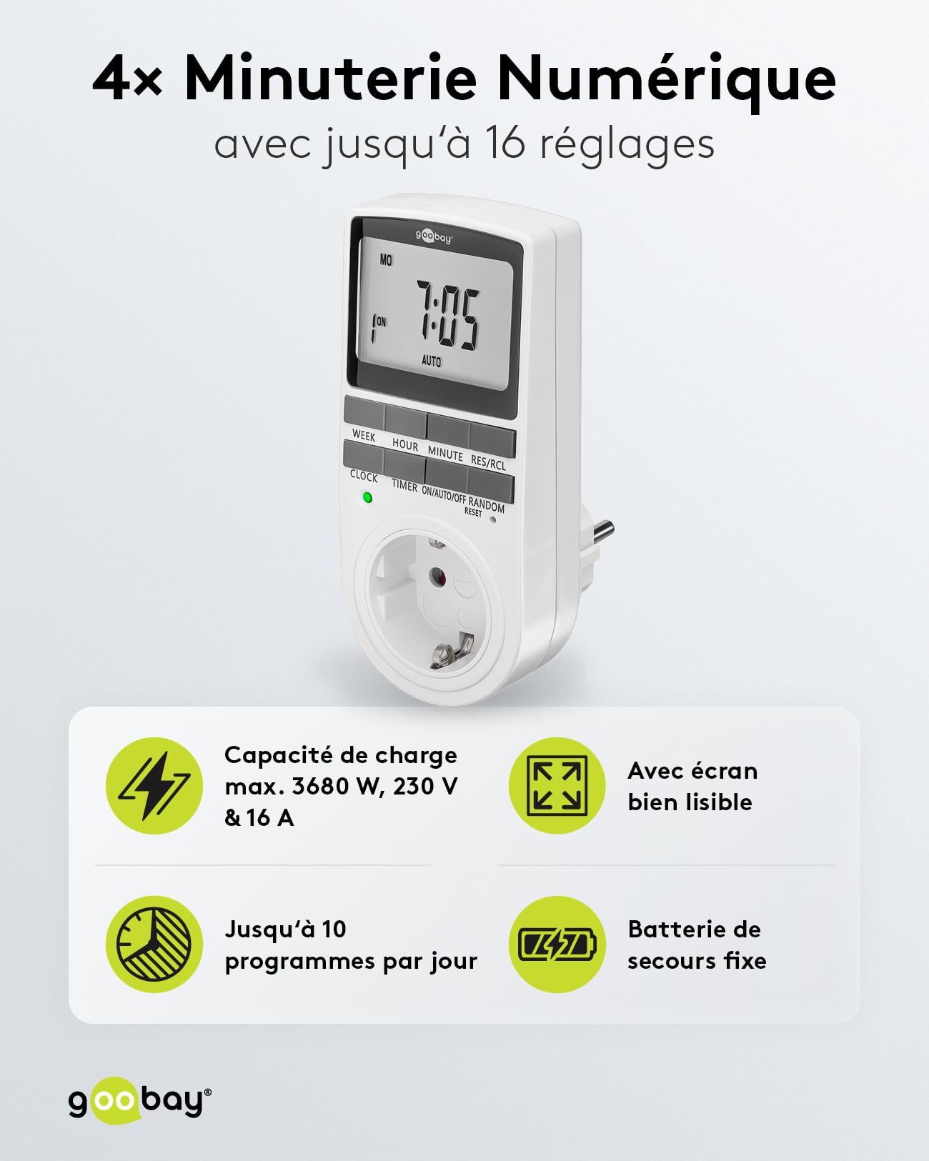 goobay - Lot de 4 minuteries numériques avec 16 programmes - Prise avec Mode aléatoire pour Protection Anti-effraction - Minuterie avec Batterie de Secours de 100 Jours - 3680 W - 230 V (AC) - 16 A -
