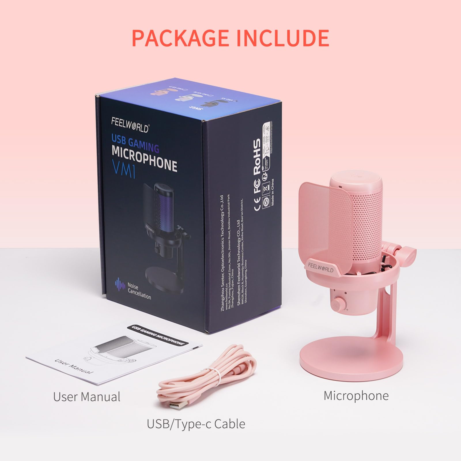 FEELWORLD VM1 Rosa Gaming PC USB Microfono a condensatore con cancellazione del rumore Mute RGB Light, Accessori per computer per Gamer YouTube Twitch Podcast Streaming Registrazione Online Chat