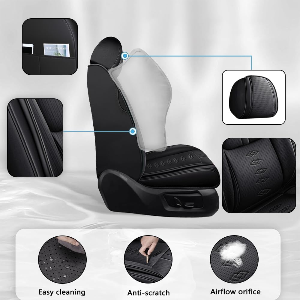 2 Front Car Seat Covers for Subaru Forester 1998-2024 2025 Waterproof Seat Covers with Lumbar Support Nappa Leather Comfortable Car Seat Cover for Subaru Forester（All Black-Standard）