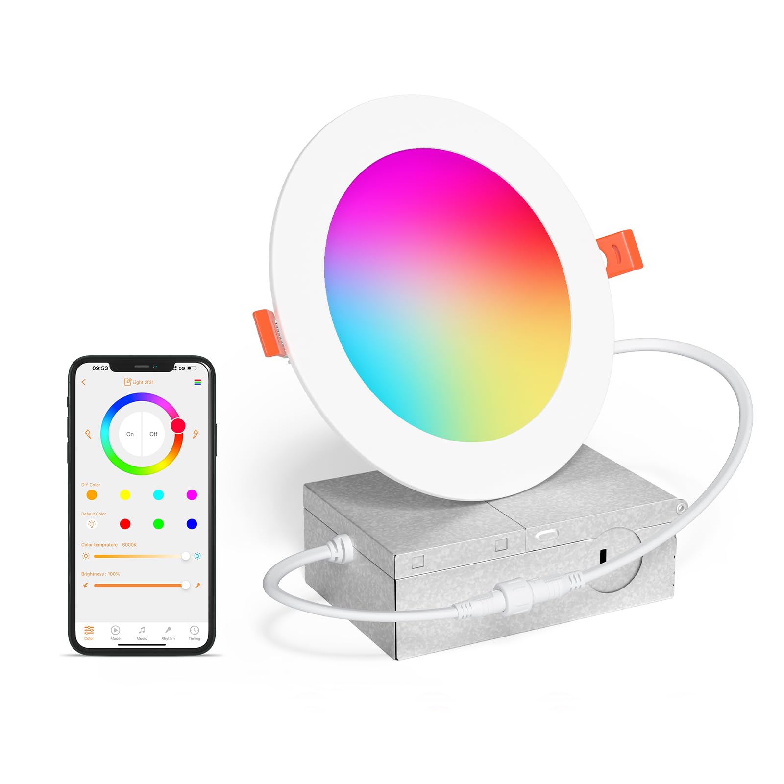 Smart Recessed Lighting 4 Inch RGBCW Color Changing 12W LED Downlight with Junction Box,1000 Lumen Recessed Ceiling Light Compatible with Alexa,Dimmable by Bluetooth Control -1Pack