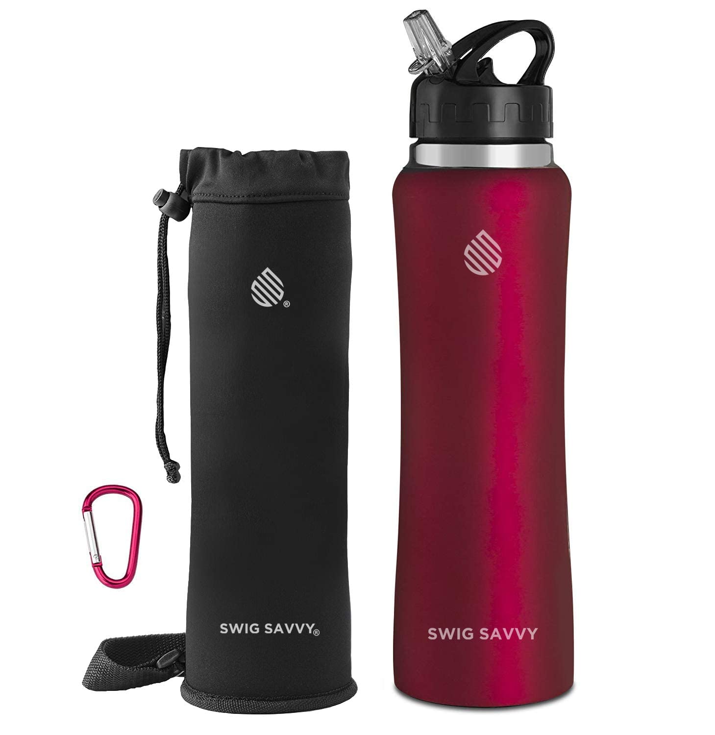 Swig Savvy Sports Water Bottle, Vacuum Insulated Stainless Steel, Straw Leakproof Lid, Storage Sleeve - 32oz (Red)