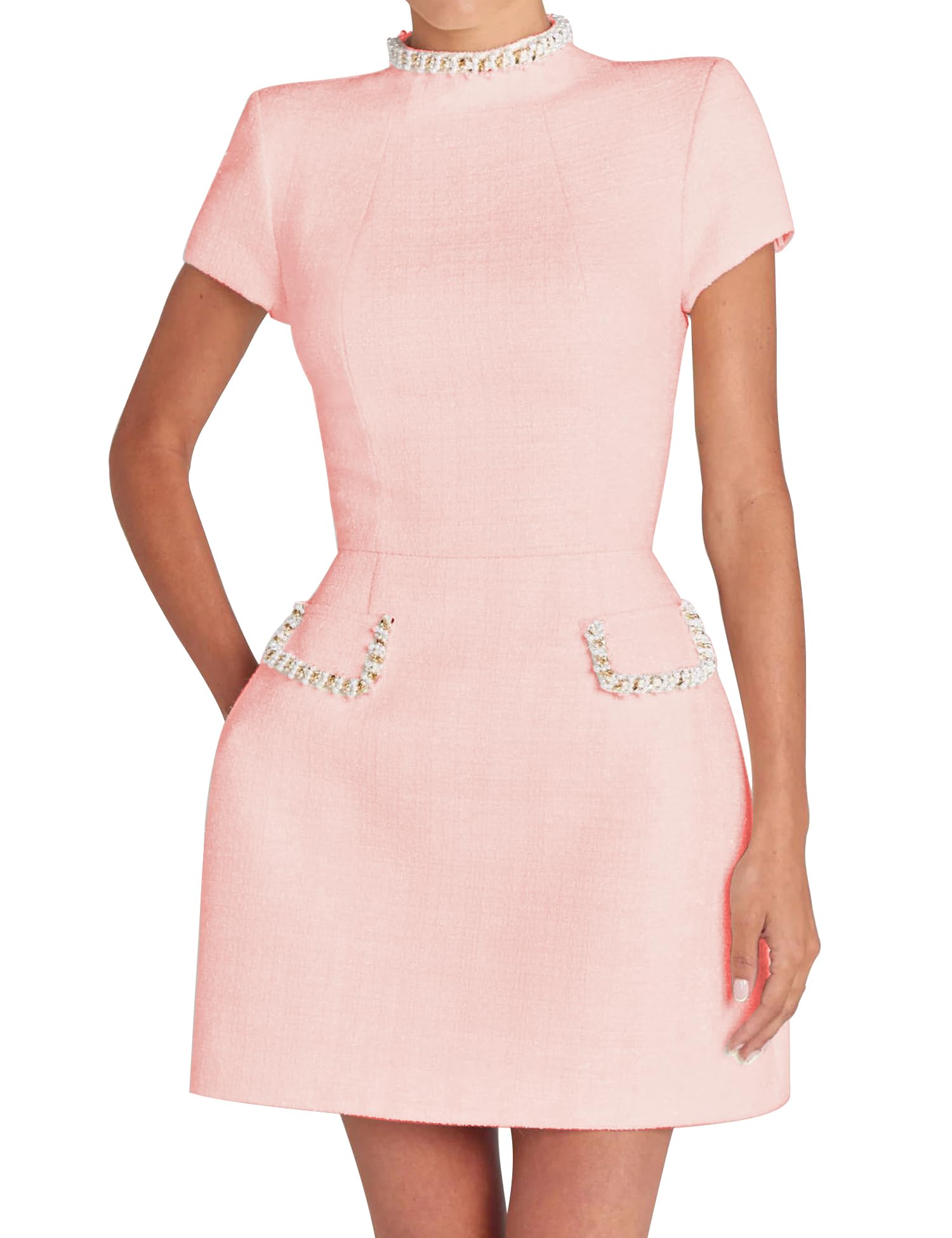 LuFeng Womens Sexy Short Sleeve High Neck Pearls Mini Dress Party Clubwear Club Bodycon Short Dresses