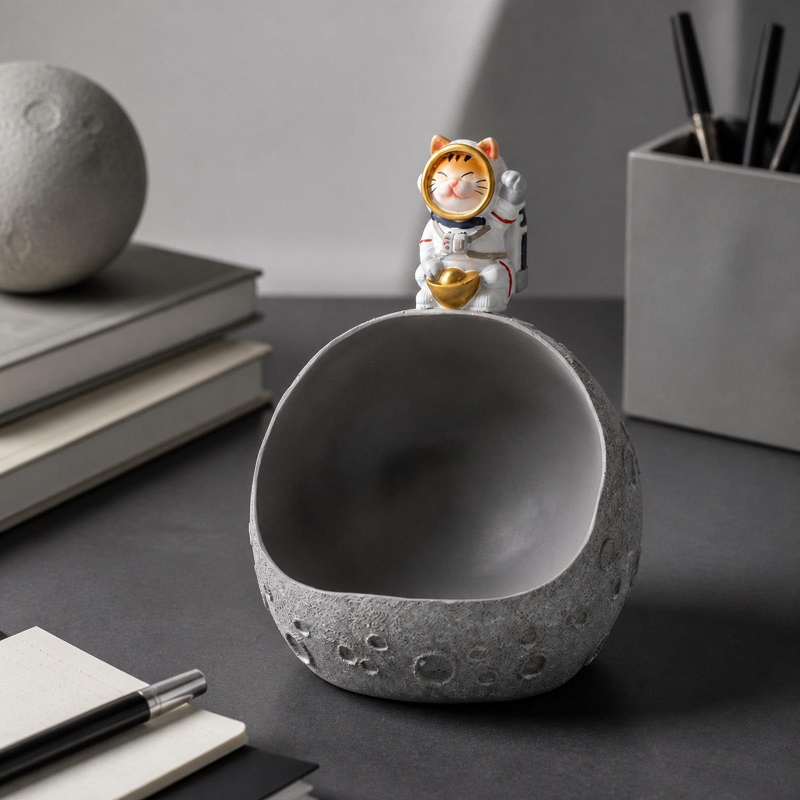 Portalápices Mesa con Minino |, con textura, Organizador Resina Forma Cráter, para Oficina, Niños, Plata+Naranja
