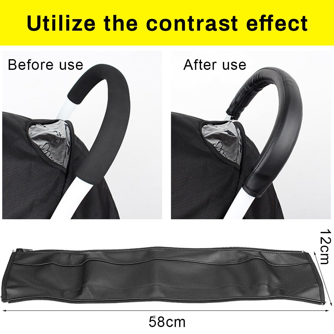 1 Pcs KIDS Copri maniglia ringhiera, copri maniglia passeggino, copri passeggino, Copri maniglia passeggino, Passeggino Individuale - Lunghezza 58 cm, Larghezza 10-12 cm Nero