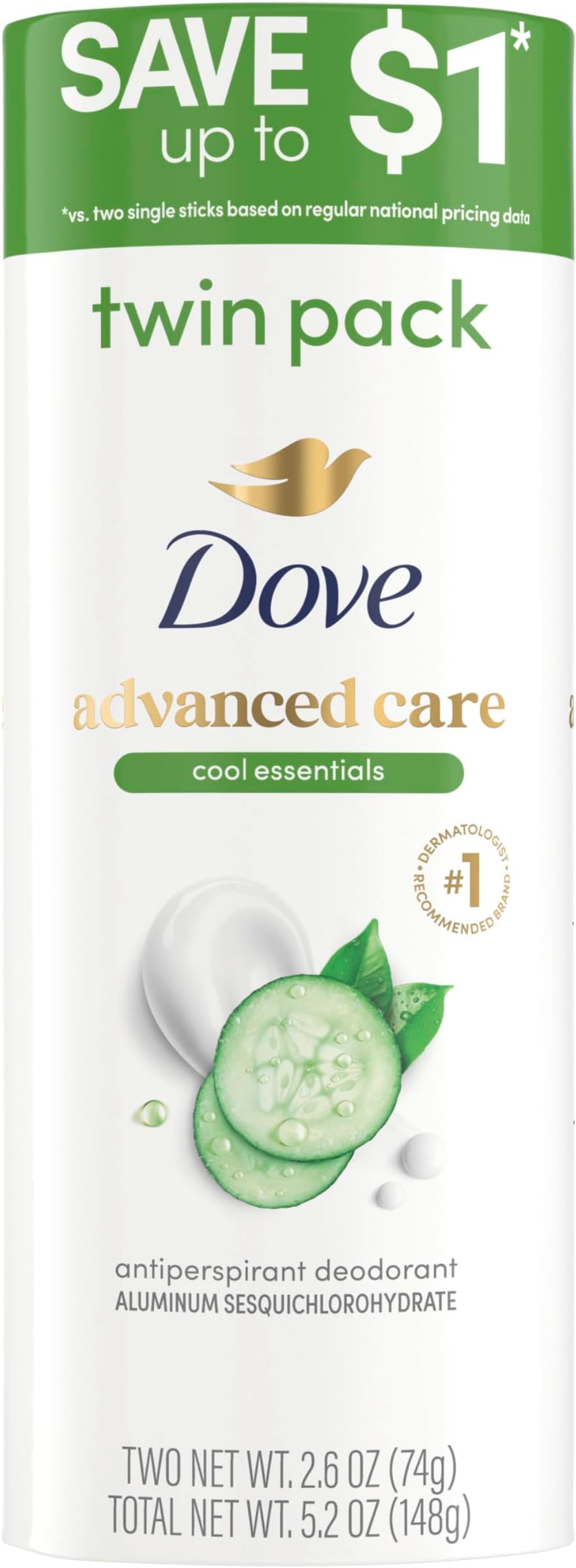 Dove Advanced Care Antiperspirant Deodorant Stick Twin Pack Cool Essentials for 72-Hour Odor Protection Pro-Ceramide Technology 2.6 oz