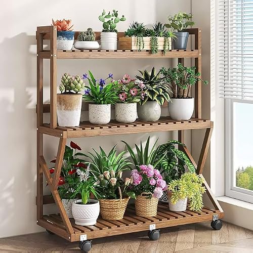 ATRBNCX 3 Tier Ladder Plant Stand With Wheels, Wooden Slatted Flower Display Rack, Portable Rolling Storage Shelving For Terrace, Lawn & Home Decor(Size:100cm/39in,Color:Brown)
