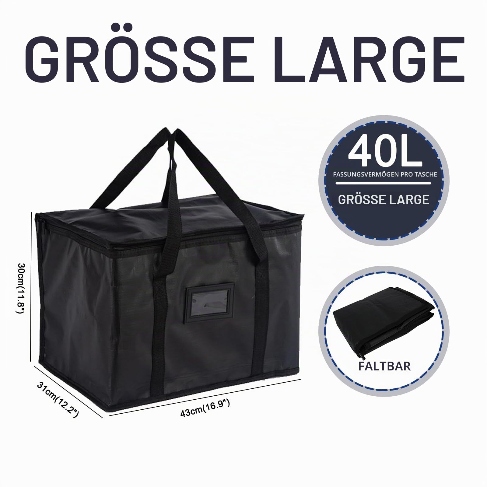Lebensmittel-Liefertasche, 40 l, isolierte Thermotasche für warme und kalte Speisen, ideal für Catering, Lebensmitteltransport, große Thermotasche für Lebensmittel, kommerzielle Qualität,
