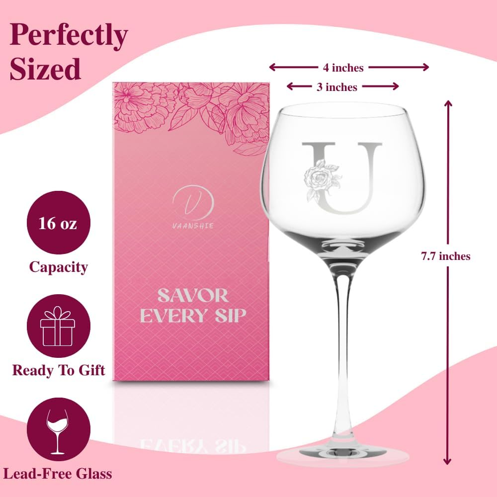 Personalized 16 oz Wine Glass for Women, Custom Monogram Initial U, Engraved Wine Glass Gift for Her, Mom, Wife, Sister, Friend – Birthday, Christmas, Valentine’s Day - Image 5