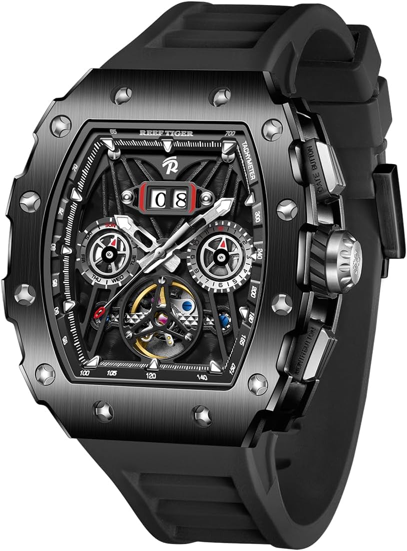 Fashion Men’s Titan Rose Gold Tonneau Mechanical Watch Multifunctional Self-Winding Automatic Rubber Watches RGA3009