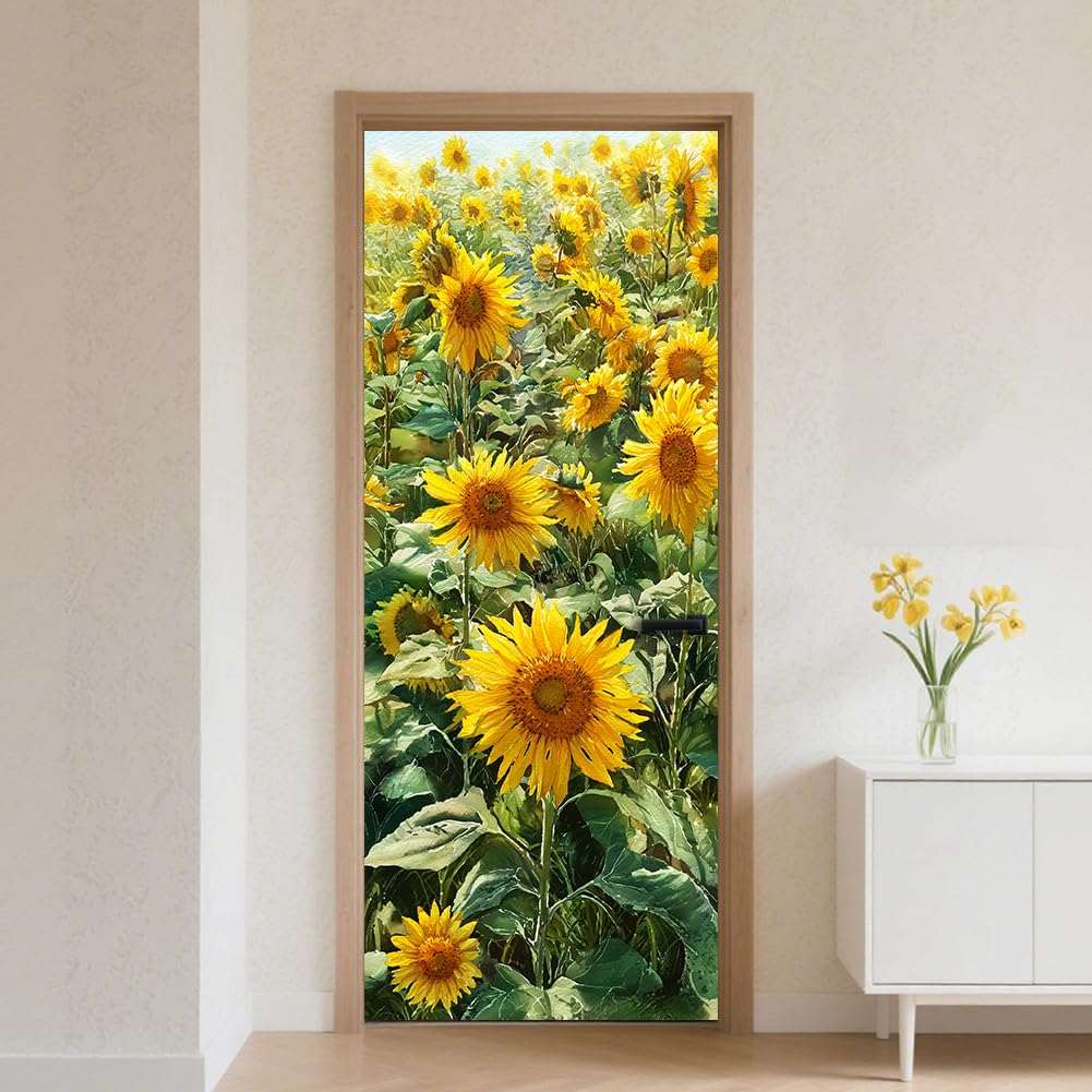 CRAFTYMELODY Door Sticker Peel Stick Removable Self Adhesive Door Mural Decal Vinyl PVC Waterproof Door Cover Wallpaper for Home Office Shop Decoration 31.48×78.74 Inch Creamy Sunflower Green Leaf