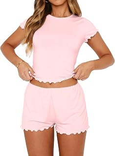 LEEDYA Womens Sleeveless Pajamas Sets Cute Tank Top and Shorts Lounge Set | Women’s Cute 2-Piece Pajama Set, Fitted Sleeveless Crop Top and Shorts Nightwear Set, Casual Ruffle Fall Summer Loungewear