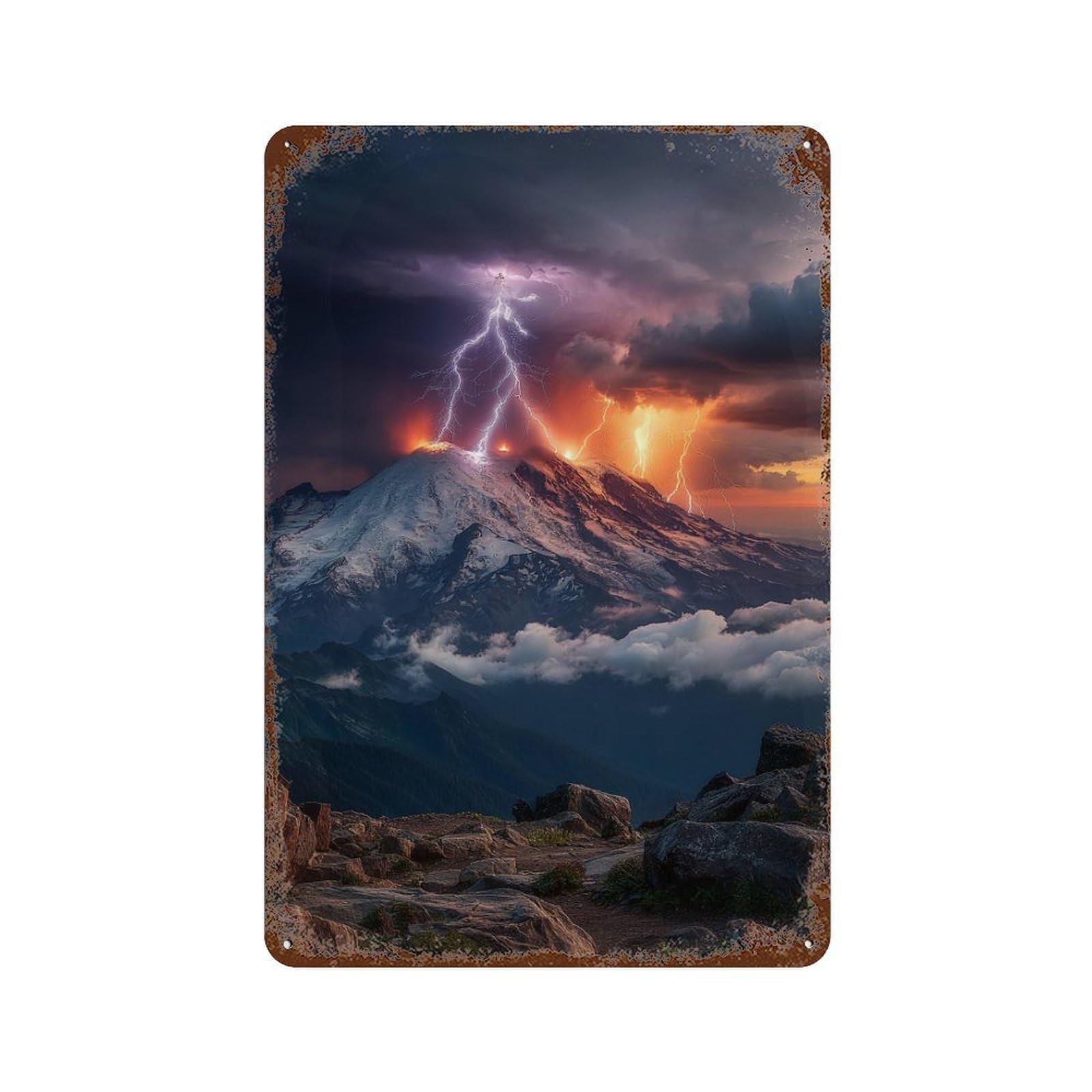 Rust Effect Volcano Eruption Lightning Storm Rusty Metal Tin Sign 11.8"x7.9", Old School Wall Decor for Garage, Bar And Workshop Decor