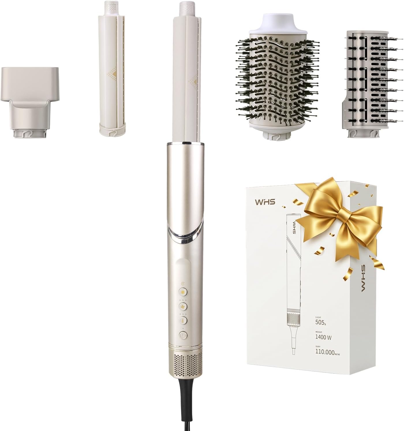 WHS 5 in 1 Air Styling & Drying System, 110000 RPM Brushless Motor, Hair Dryer Brush & Multi-Styler, Auto-Wrap Curlers, Ionic Frizz Control, Paddle Brush, Oval Brush, Concentrator (Gold)