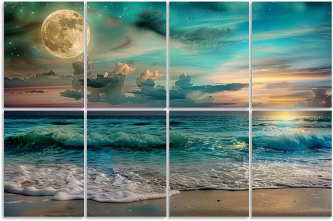 8 Pack Art Acoustic Panels Sound Absorbing Moon Sea Ocean Landscape Picture Canvas Room Home D Full Moon Night Decorative Soundproof Wall Panels Self Adhesive for Recording Studios Office 48"x32"