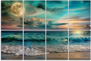 8 Pack Art Acoustic Panels Sound Absorbing Moon Sea Ocean Landscape Picture Canvas Room Home D Full Moon Night Decorative Soundproof Wall Panels Self Adhesive for Recording Studios Office 48"x32"