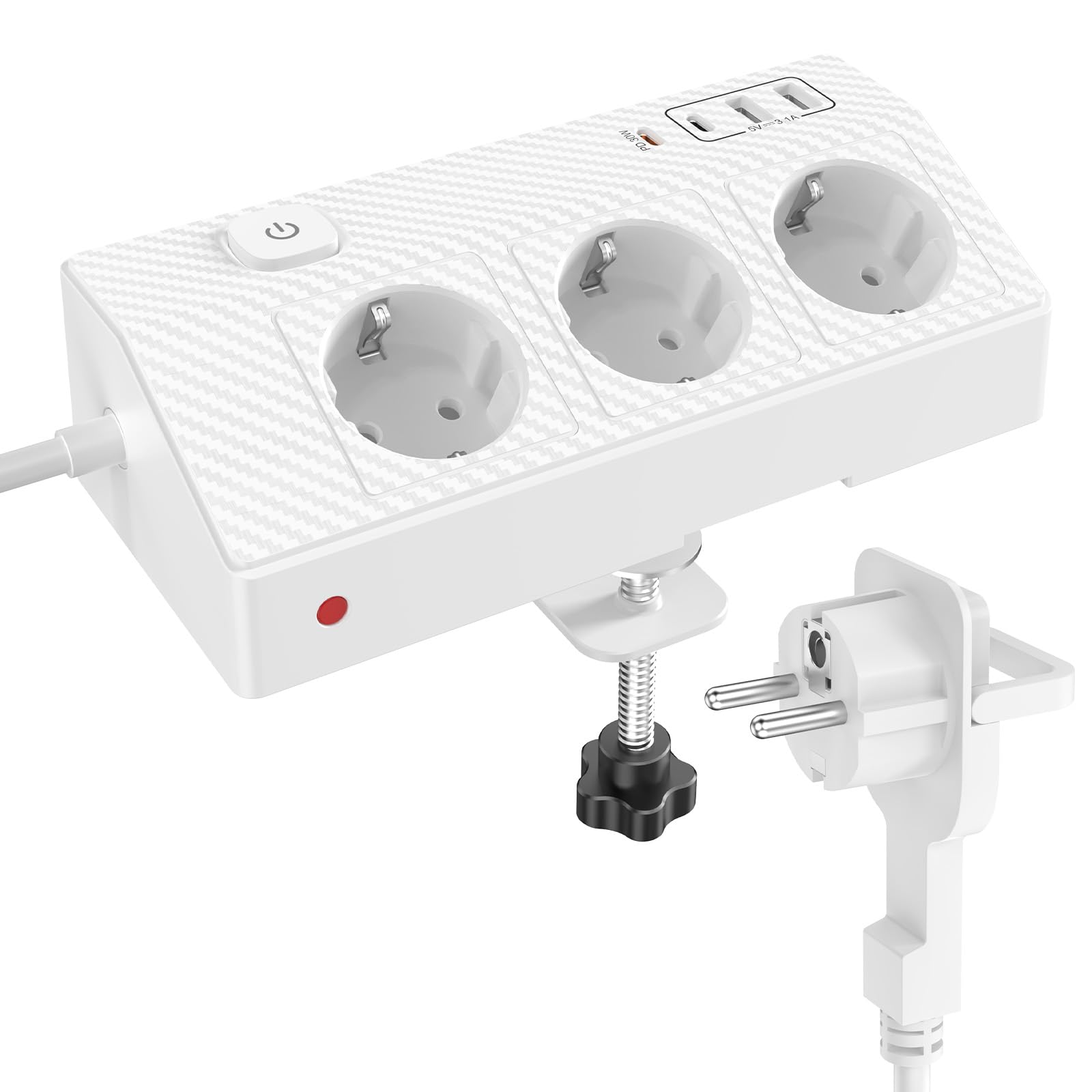 Steckdosenleiste USB PD 30W mit Flachstecker, 7 in 1 Mehrfachsteckdose Steckerleiste mit Schalter, PASSUS Tischsteckdose Überspannungsschutz Schreibtisch, Verlängerungskabel Steckdose für Büro, Weiß