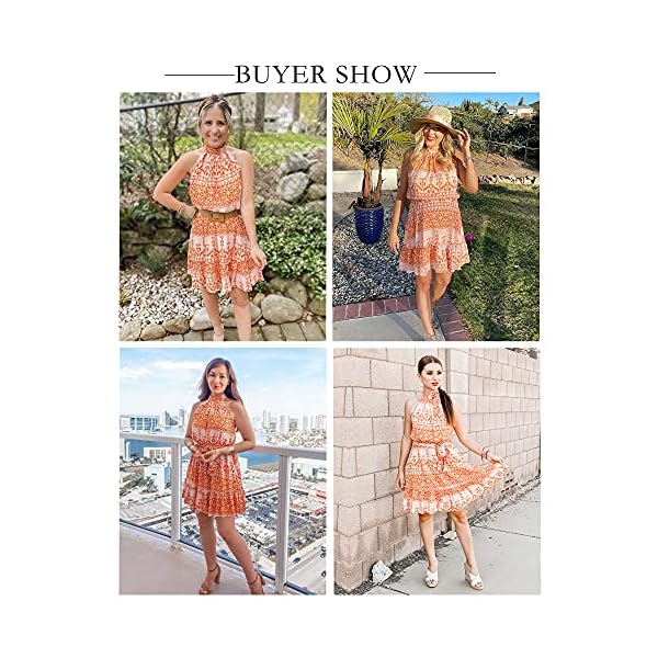 BTFBM Women 2023 Summer Halter Neck Dresses Sleeveless Casual Floral Polka Dot Print Short Boho Ruffle Sundress(Color Block Orange,Small)