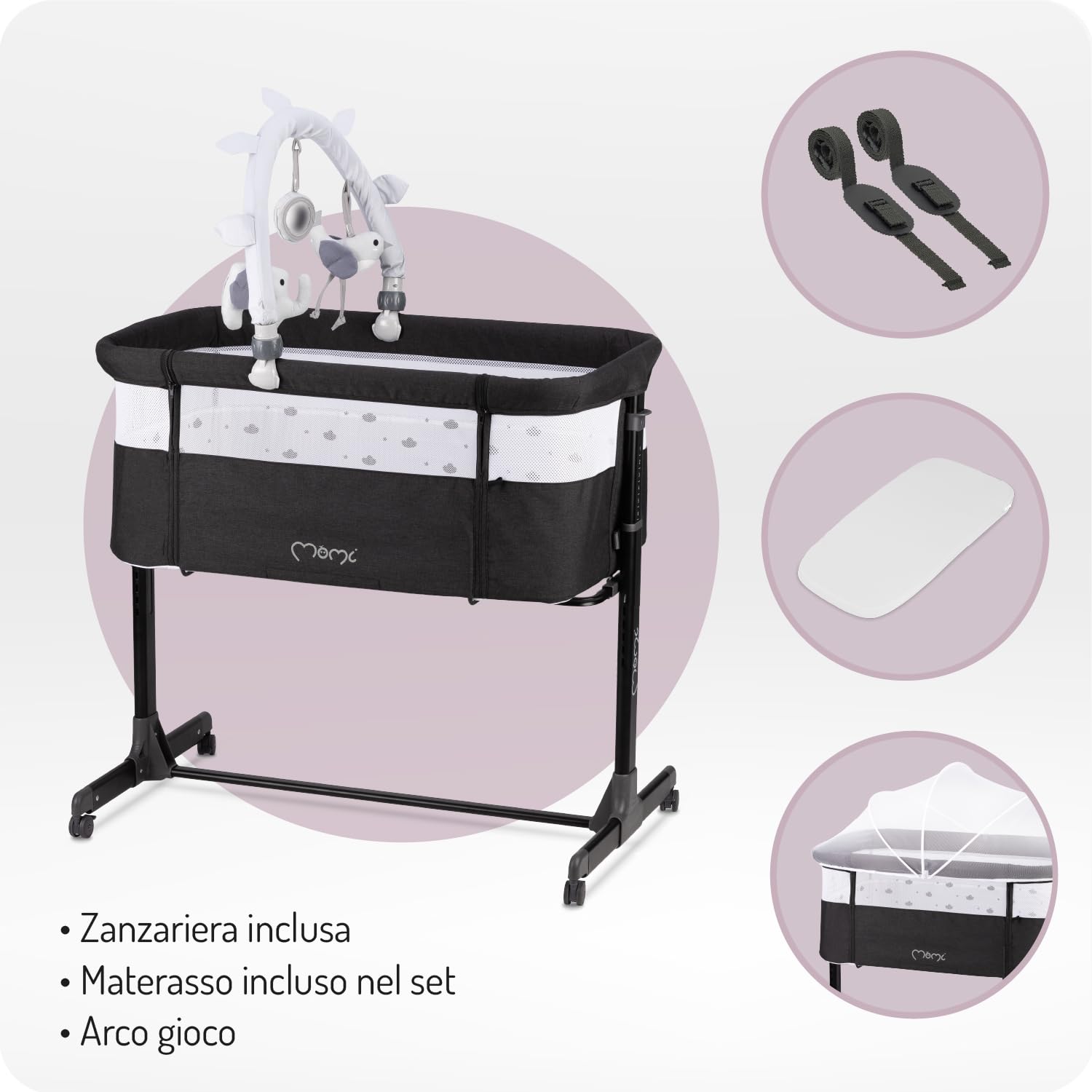 Momi REVO Lettino multifunzionale, con regolazione dell'altezza su 6 livelli da 72 a 82 cm, con rotelle, materassino incluso, cinghie di fissaggio, zanzariera e barra giochi