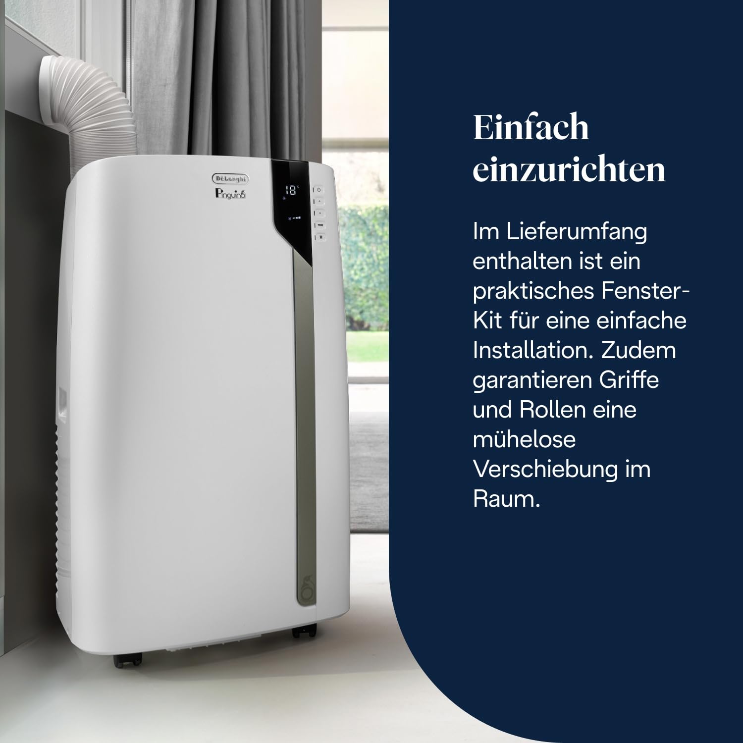 De'Longhi Pinguino Extreme - Mobiles Klimagerät, für Räume bis 33,5 m², mit Luftentfeuchter & Ventilator, 8900 BTU, Leiser Betrieb, Eco-Real-Feel, 24h-Timer, Energieeffizienzklasse A+ (PACEX93)