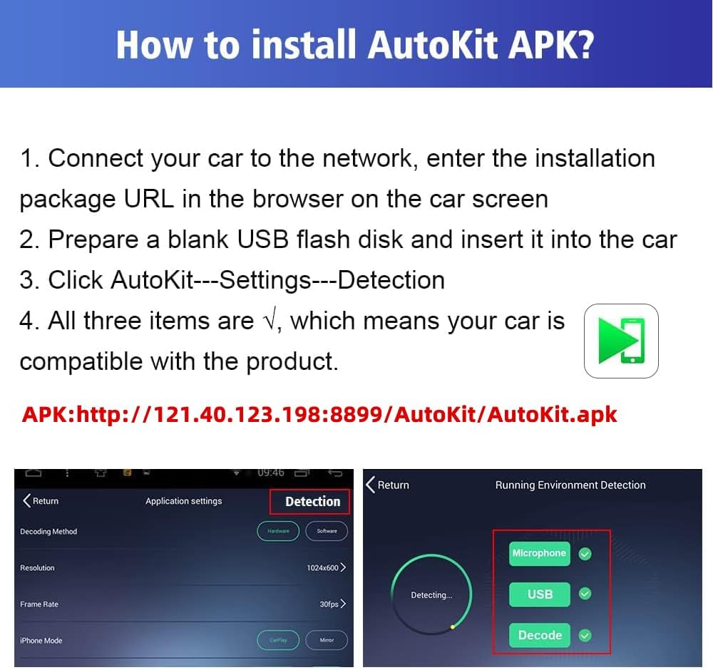 Image showing steps to install AutoKit APK, including connecting to network, preparing USB, and clicking AutoKit settings for detection.