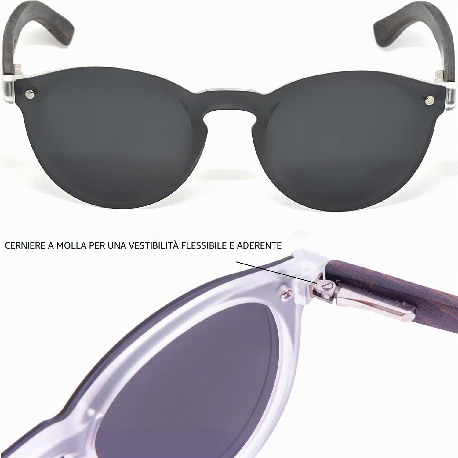 GOWOOD Occhiali da sole rotondi in legno per donne e uomini con lente polarizzata nera speciale in stile monopezzo