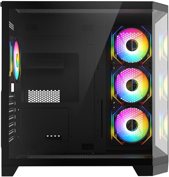 CiT DS360 Gaming PC Case ATX Mid Tower, 4 ARGB Fans, Computer Case, Black | Panoramic dual-chamber ATX mid tower gaming case with 4 ARGB fans, a 360mm radiator mount and space for up to 10 fan slots