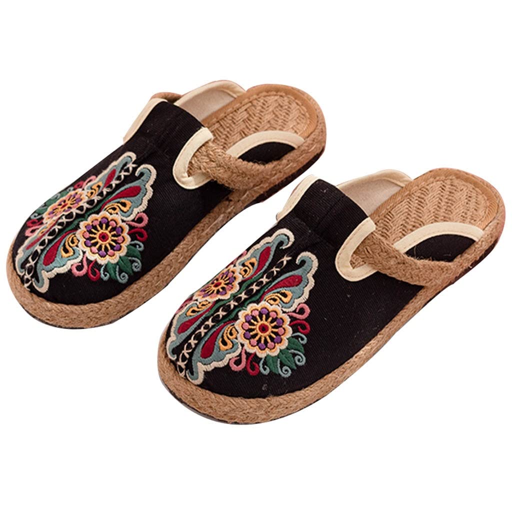 Damen-Mary-Jane-Schuhe aus Baumwolle, bestickte chinesische Damen-Hausschuhe, Sommer-Espadrille-Sandalen, Flache Schuhe, Garten-Clogs, Haus-Loafer für Damen (Farbe: Weiß, Größe: EUR37/38)