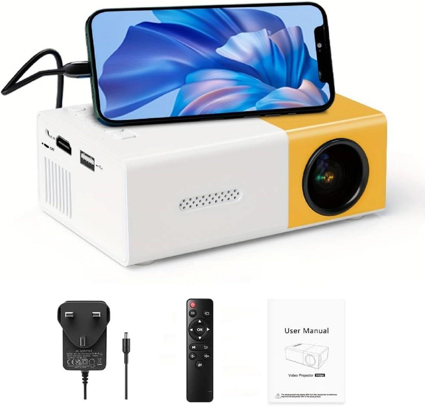 VASMR Smart Projector, Portable 4K LED Mini Projector, 24-60 inches Home Theater, Video Projector, Suitable for Outdoor Recreation and Home Theaters,Support HDMI, AV, SD, USB Interfaces (Yellow)