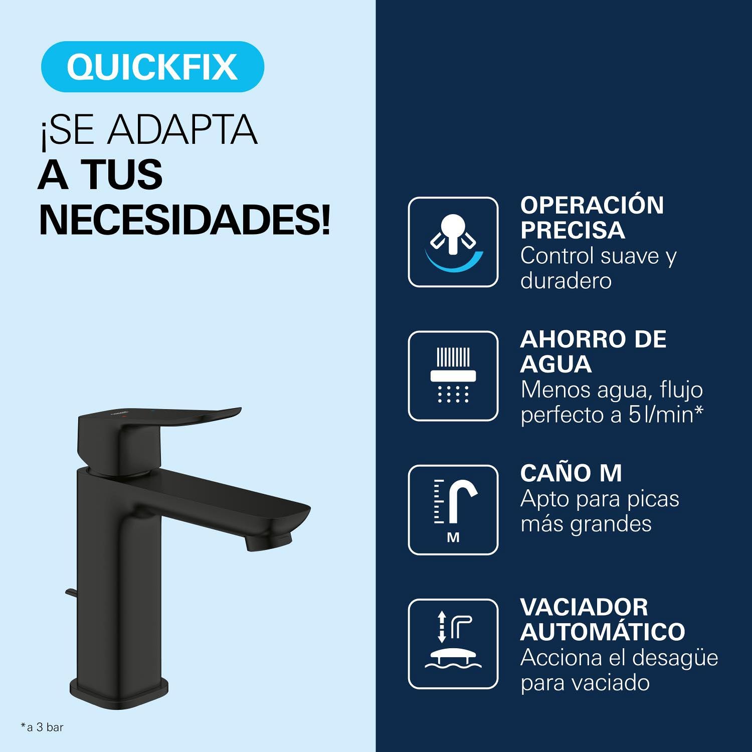 GROHE Dice Grifo Monomando de Lavabo M con Vacío Automático (Cartucho Cerámico 28 mm, Ahorro de Agua, Conexiones 3/8", Fácil de Instalar QuickTool Incluido) Negro Mate, 1018322430