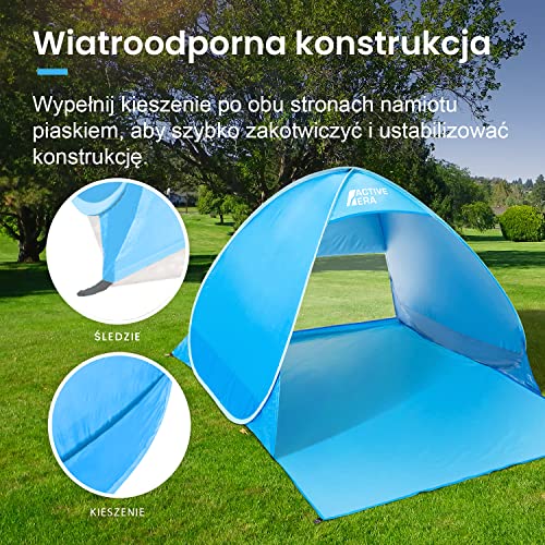Active Era Namiot Plażowy Pop-Up, Samorozkładający, 2 3 Osobowy, Ogrodowy Dla Dzieci Na Plażę Dorosłych, Kempingowy Rozkładany Lekki Przeciwsłoneczny UPF 50+, z Moskitierą, Osłona przed Promieniowaniem, Niebieski