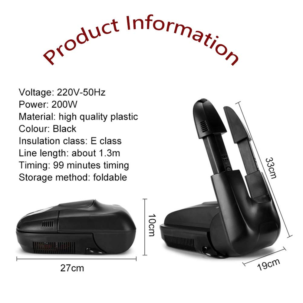 Secador de Zapatos eléctrico y desodorizador de ozono, esterilizador de Zapatos/Botas con Controles Digitales, Temporizador telescópico Plegable para desinfección (27 x 10 cm) - Negro