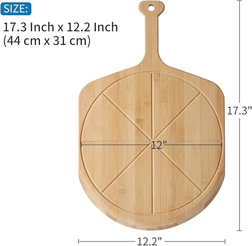 Miniatura 9 de Fiery Chef Pala de pizza de bambú de 16 pulgadas, tabla de cortar de madera ligera y lisa con 8 ranuras para rebanadas, accesorios para horno de