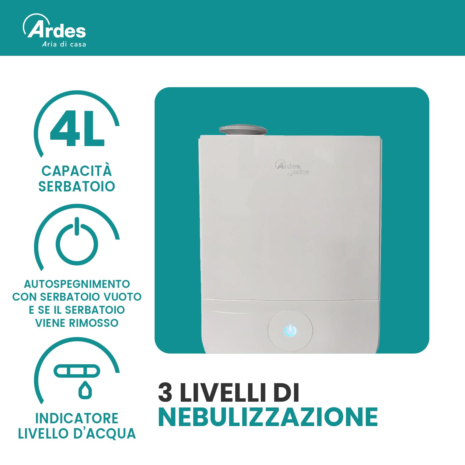 Ardes NEBULO Umidificatore a Ultrasuoni con 3 Livelli di Vapore, Comando Touch, Autospegnimento e Design Silenzioso, Bianco