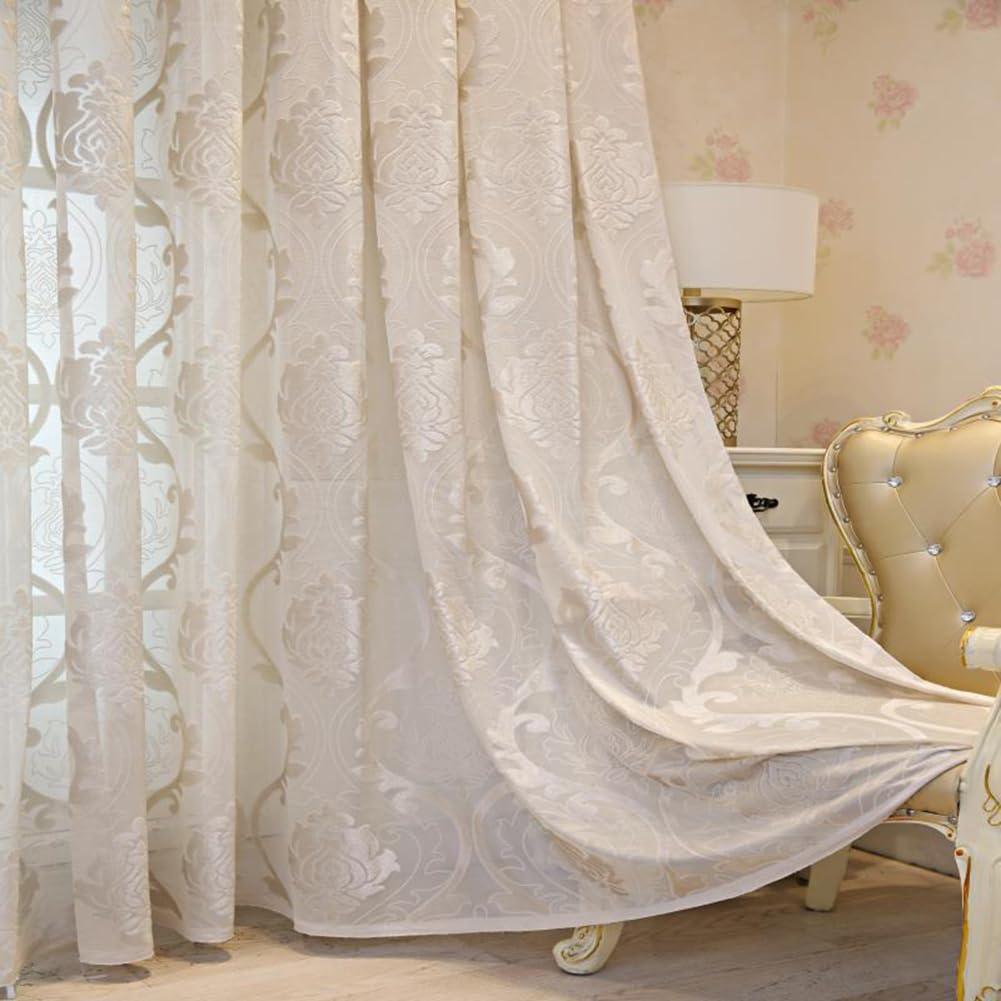 Elegancki zestaw przezroczystych zasłon 2 szt., 140 x 260 cm, kremowe zasłony na przelotkach z romantycznym barokowym wzorem, półprzezroczyste zasłony filtrujące światło do wystroju domu w stylu