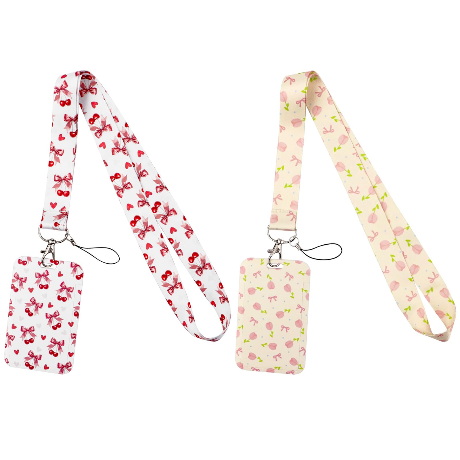 PLUSHCEWT 2 Pcs Cute Bow Lanyard with Card Holder - Floral & Cherry Print Detachable ID Badge Holder Neck Strap for Women, Girls, Teacher, Nurse - Pink Lanyard Gift Set