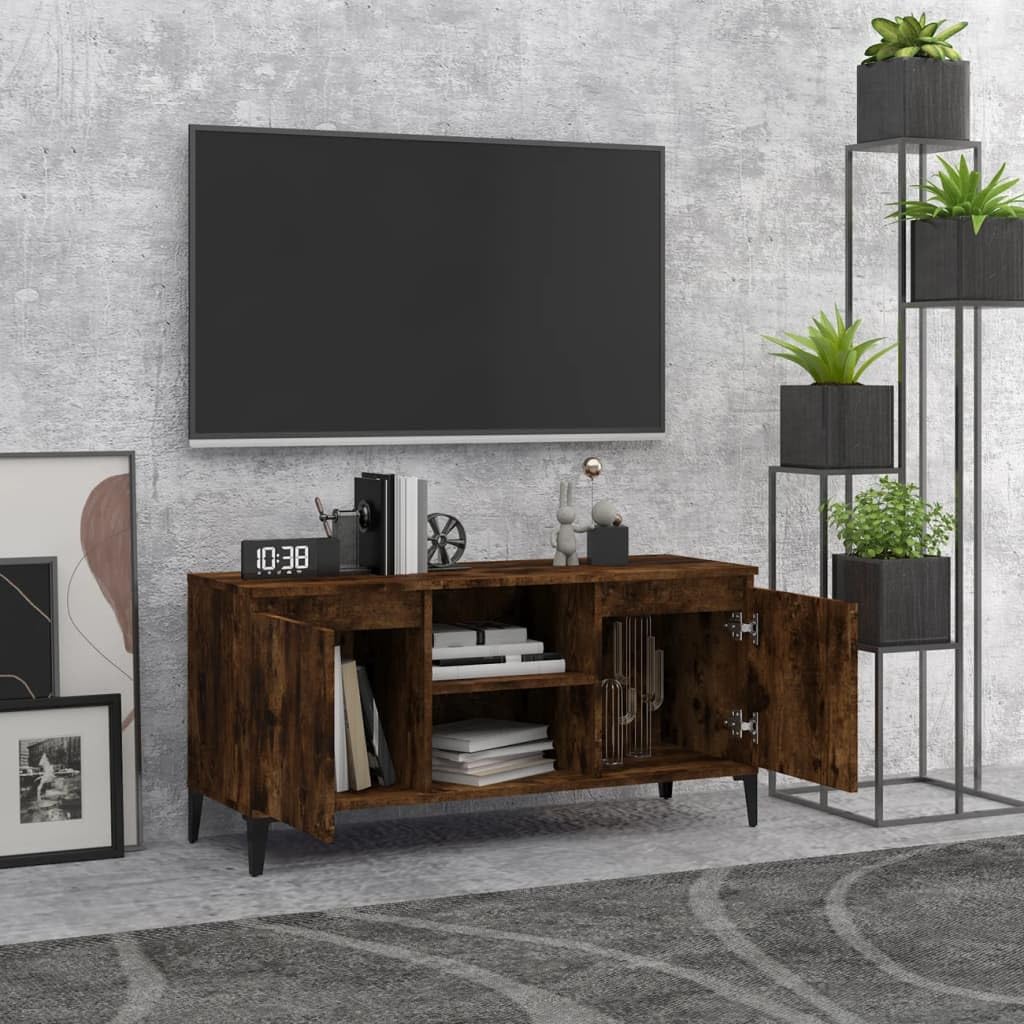 Mobile basso per TV in rovere affumicato, con 4 gambe in metallo, 103,5 x 35 x 50 cm, moderna credenza per TV con 2 ripiani e 2 scomparti, stabile, per soggiorno e camera da letto